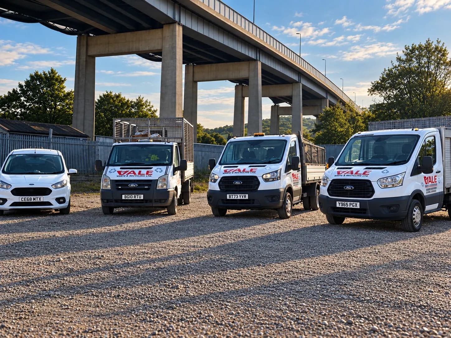 The Vale Waste Neath fleet of Ford vans and tippers lined up beneath the Briton Ferry bridge near Neath